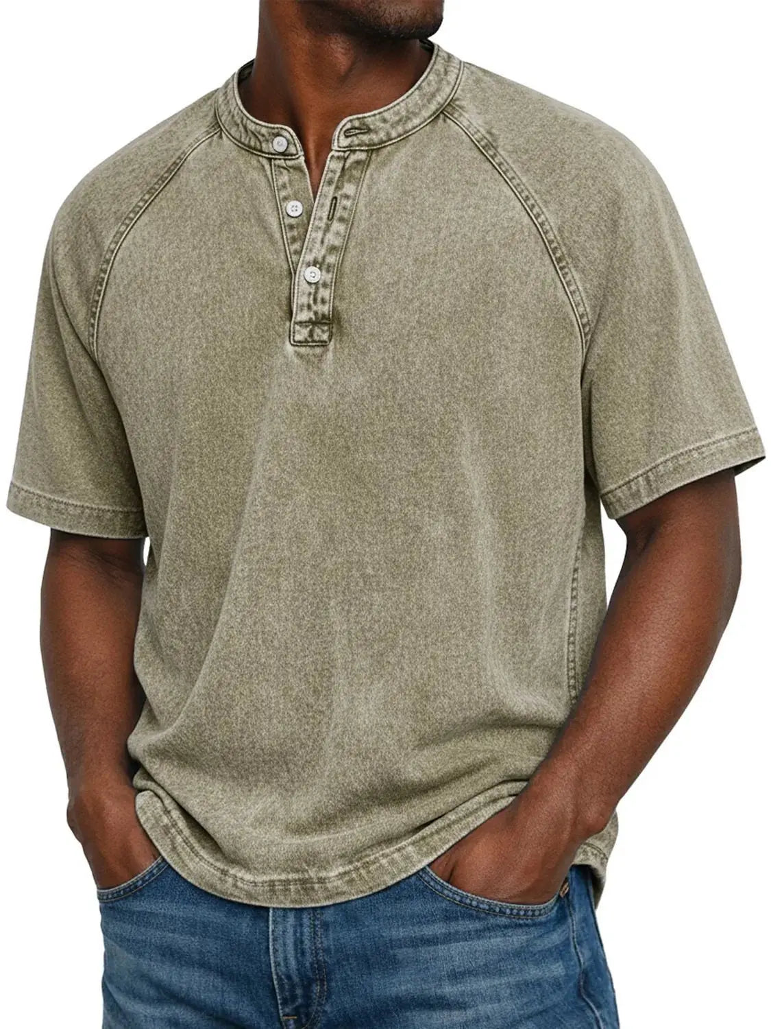 T-shirt henley délavé à manches courtes au style intemporel homme – Kaki