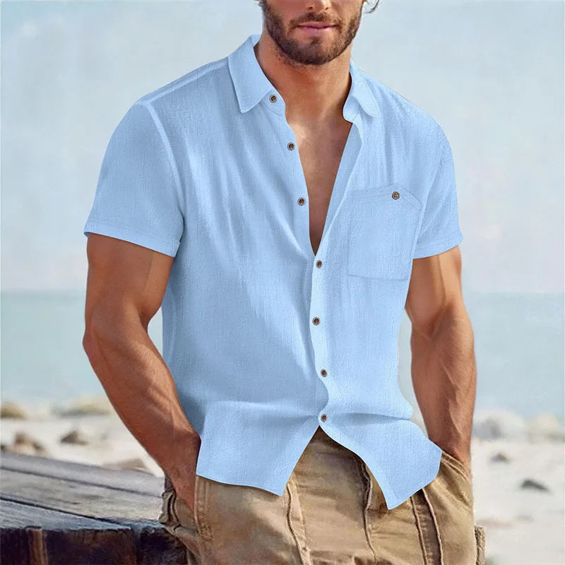 Chemise d’été col ouvert aspect lin