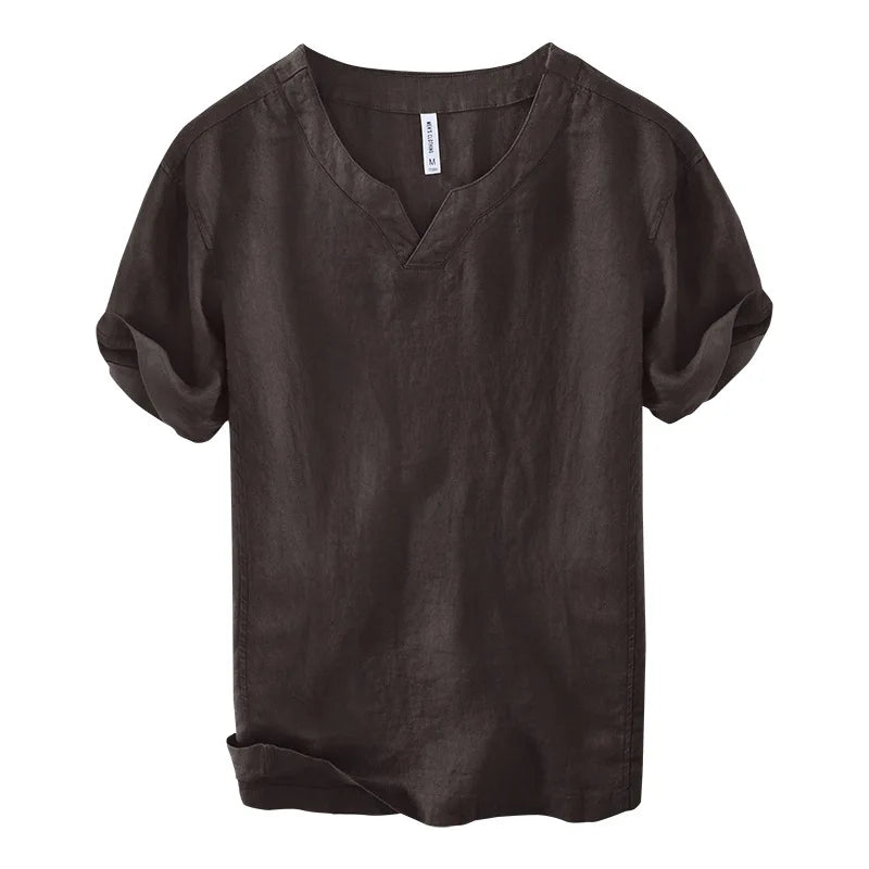 Chemise aspect lin col V manches courtes