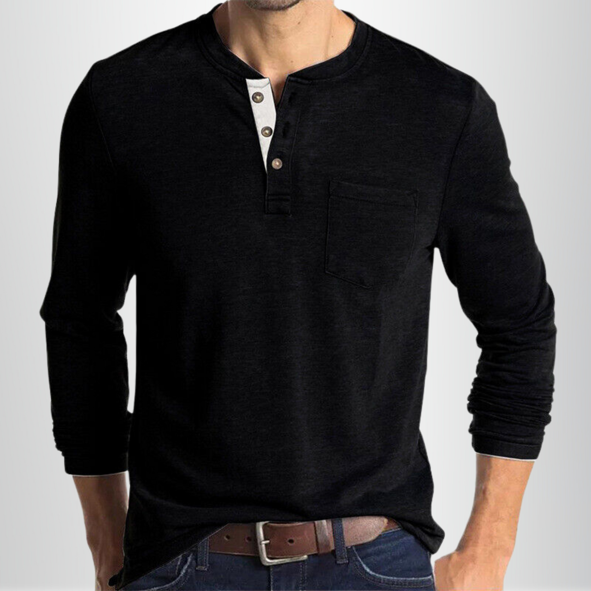 T-shirt henley manches longues poche poitrine coupe décontractée polyvalente homme – Oloron