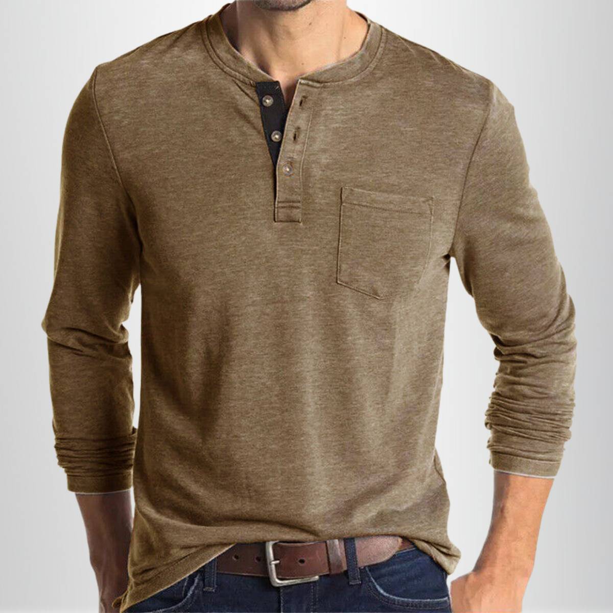 T-shirt henley manches longues poche poitrine coupe décontractée polyvalente homme – Oloron