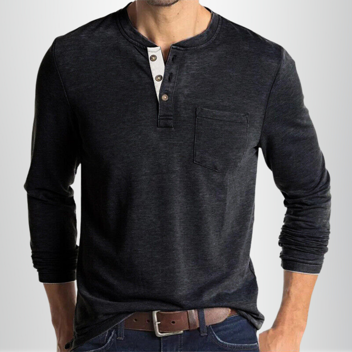 T-shirt henley manches longues poche poitrine coupe décontractée polyvalente homme – Oloron