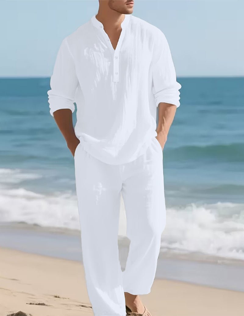 Ensemble en lin col Henley manches longues et pantalon décontracté homme – Erquy