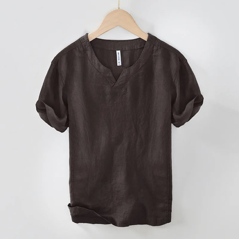 Chemise aspect lin col V manches courtes