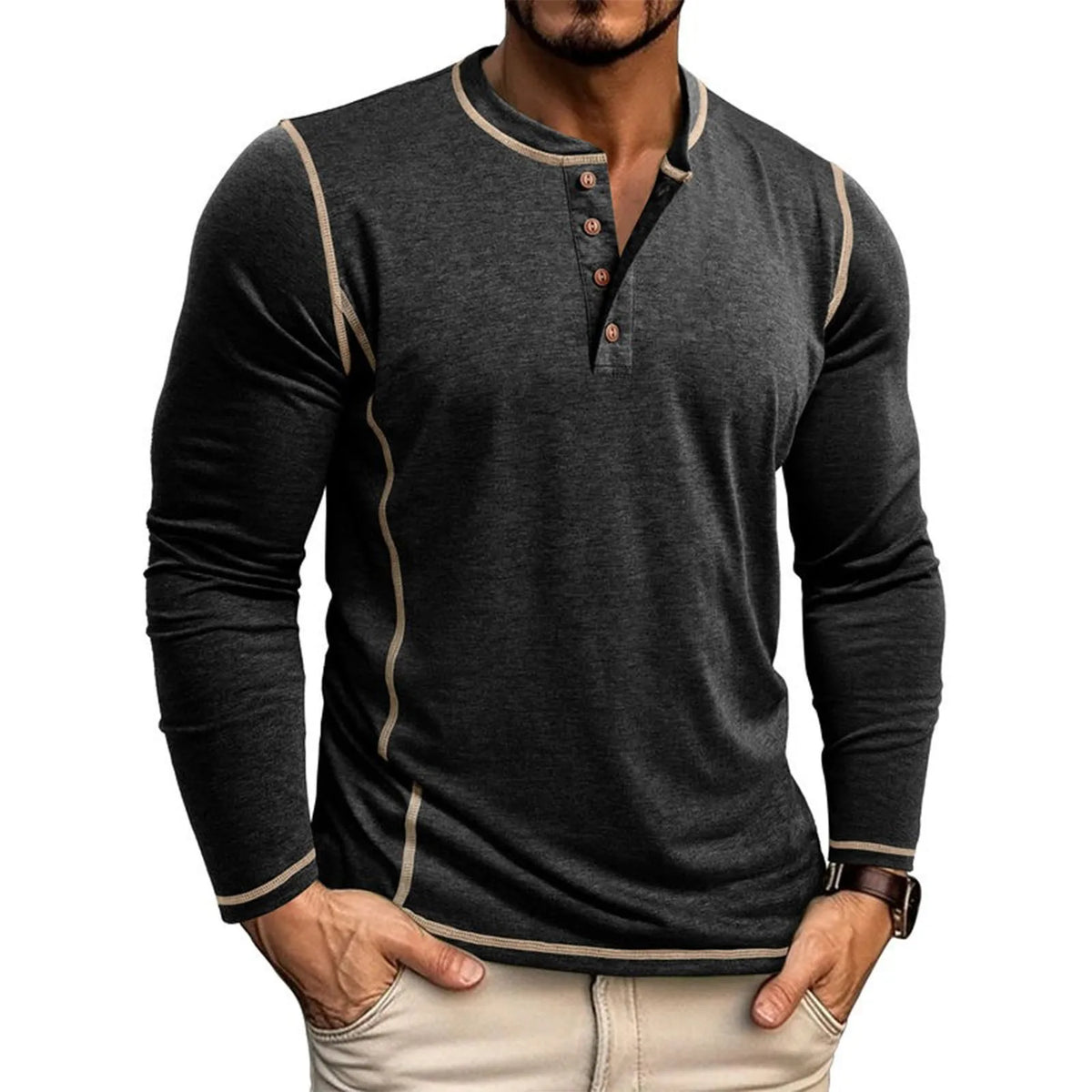 T-shirt manches longues col tunisien surpiqûres