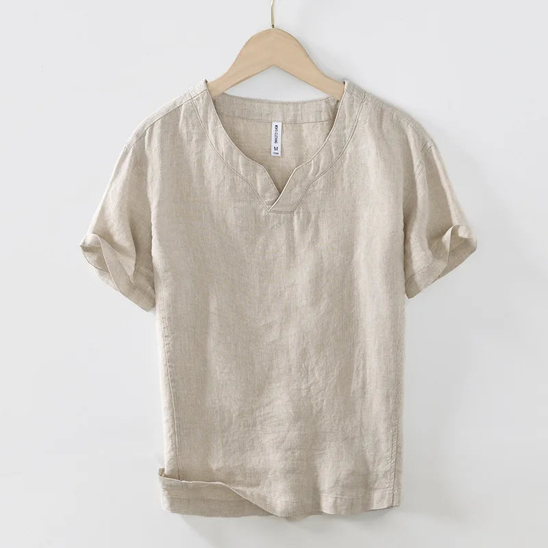 Chemise aspect lin col V manches courtes