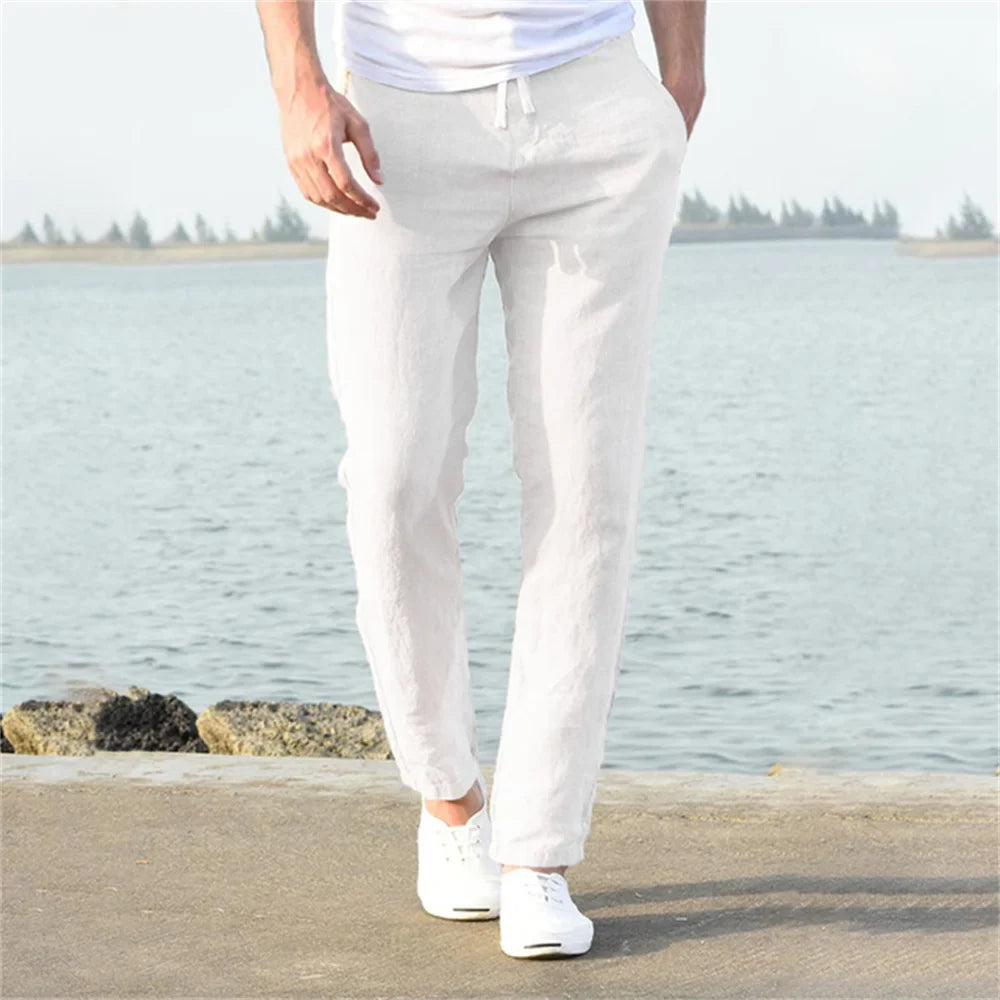 Pantalon droit aspect lin beige