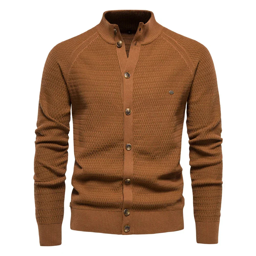 Cardigan col montant boutonné maille texturée marine