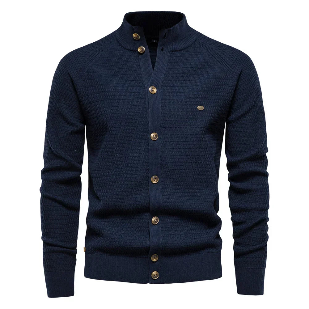 Cardigan col montant boutonné maille texturée marine