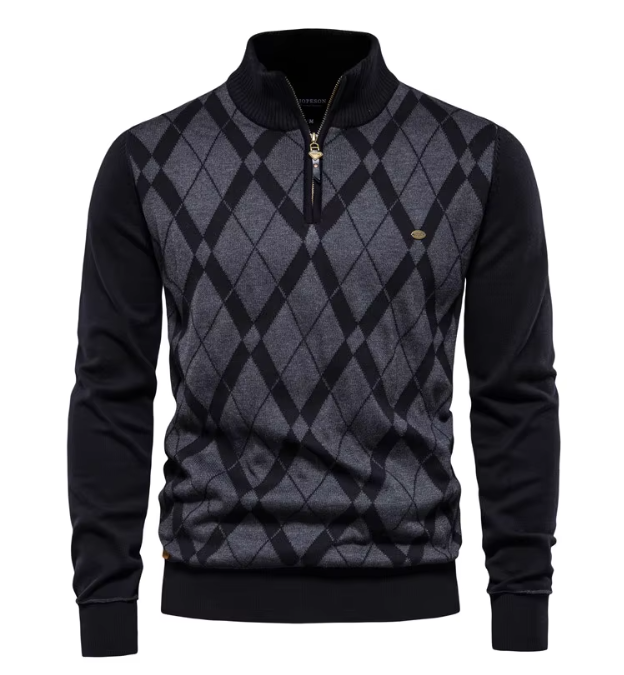 Pull demi-zip motif losanges bleu