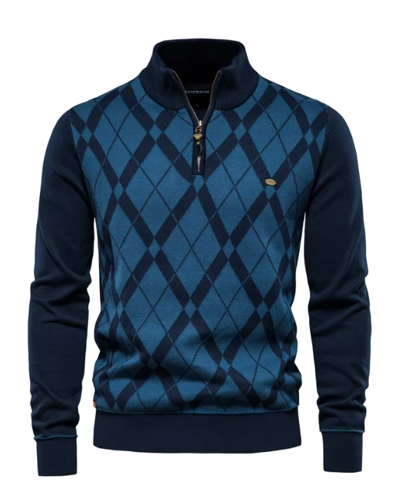 Pull demi-zip motif losanges bleu