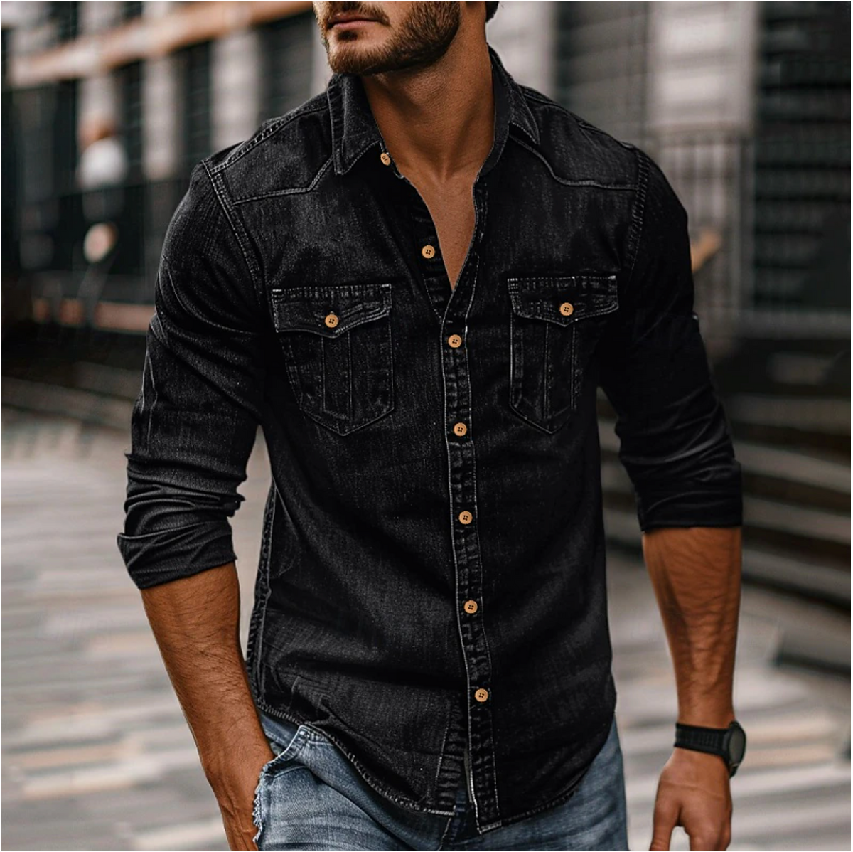 Chemise en denim poches poitrine manches longues homme – Entrevaux