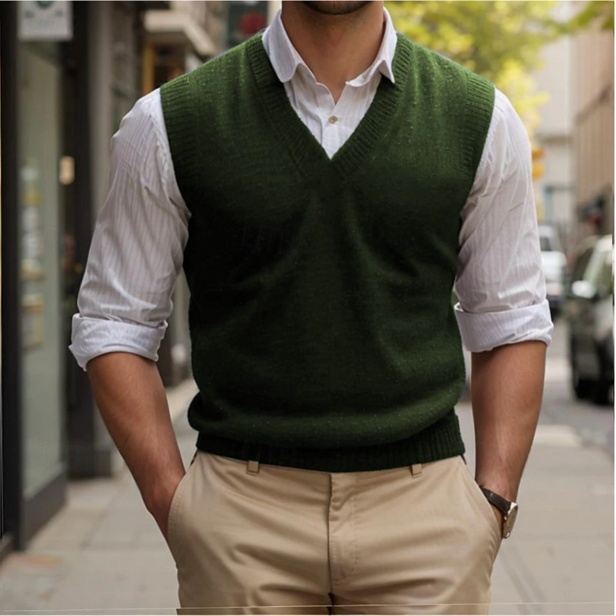 Pull sans manches col V en maille douce coupe classique élégante homme – Étel