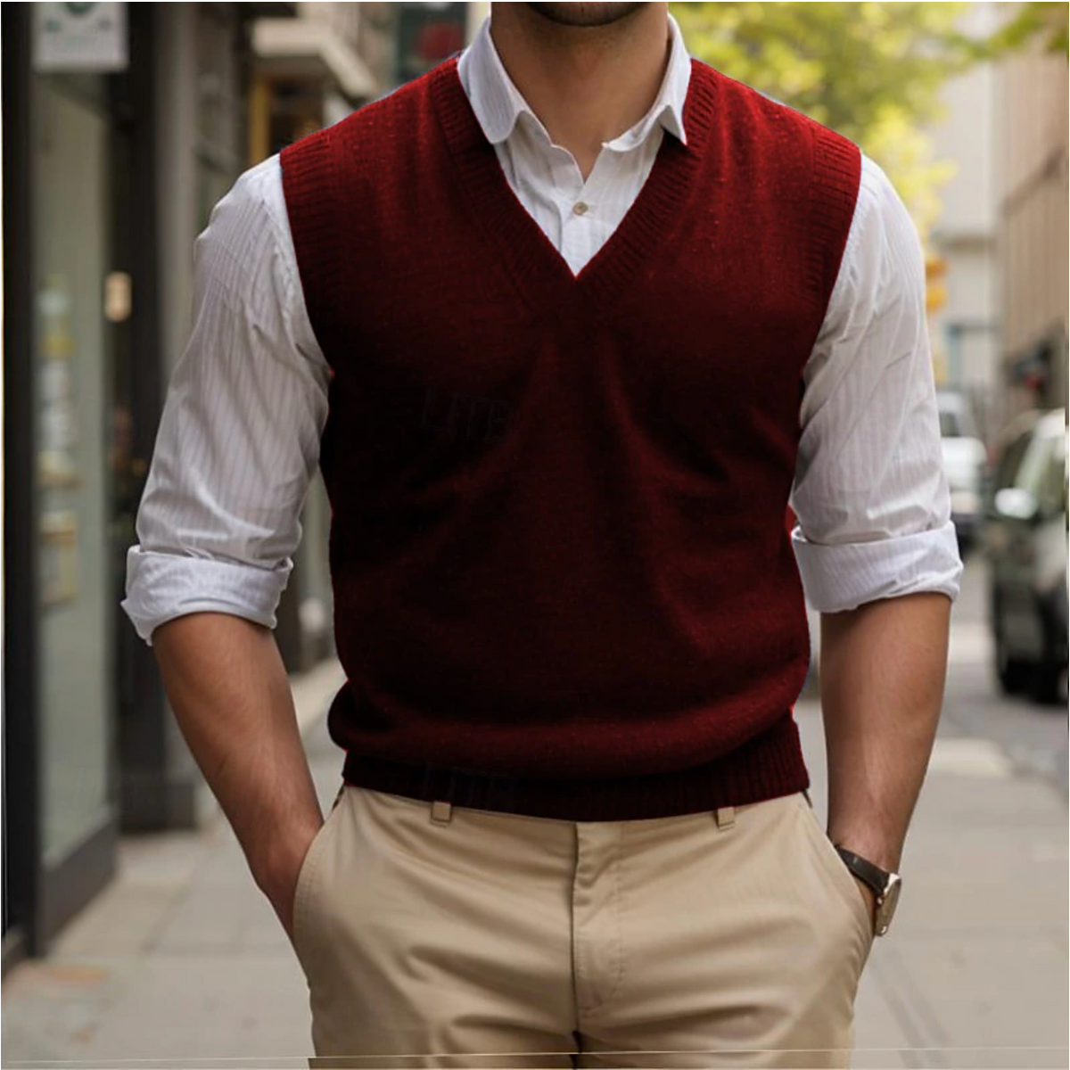 Pull sans manches col V en maille douce coupe classique élégante homme – Étel