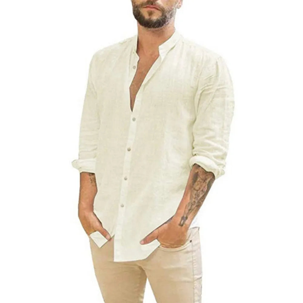 Chemise en lin col officier manches longues homme – Pierre-Charron
