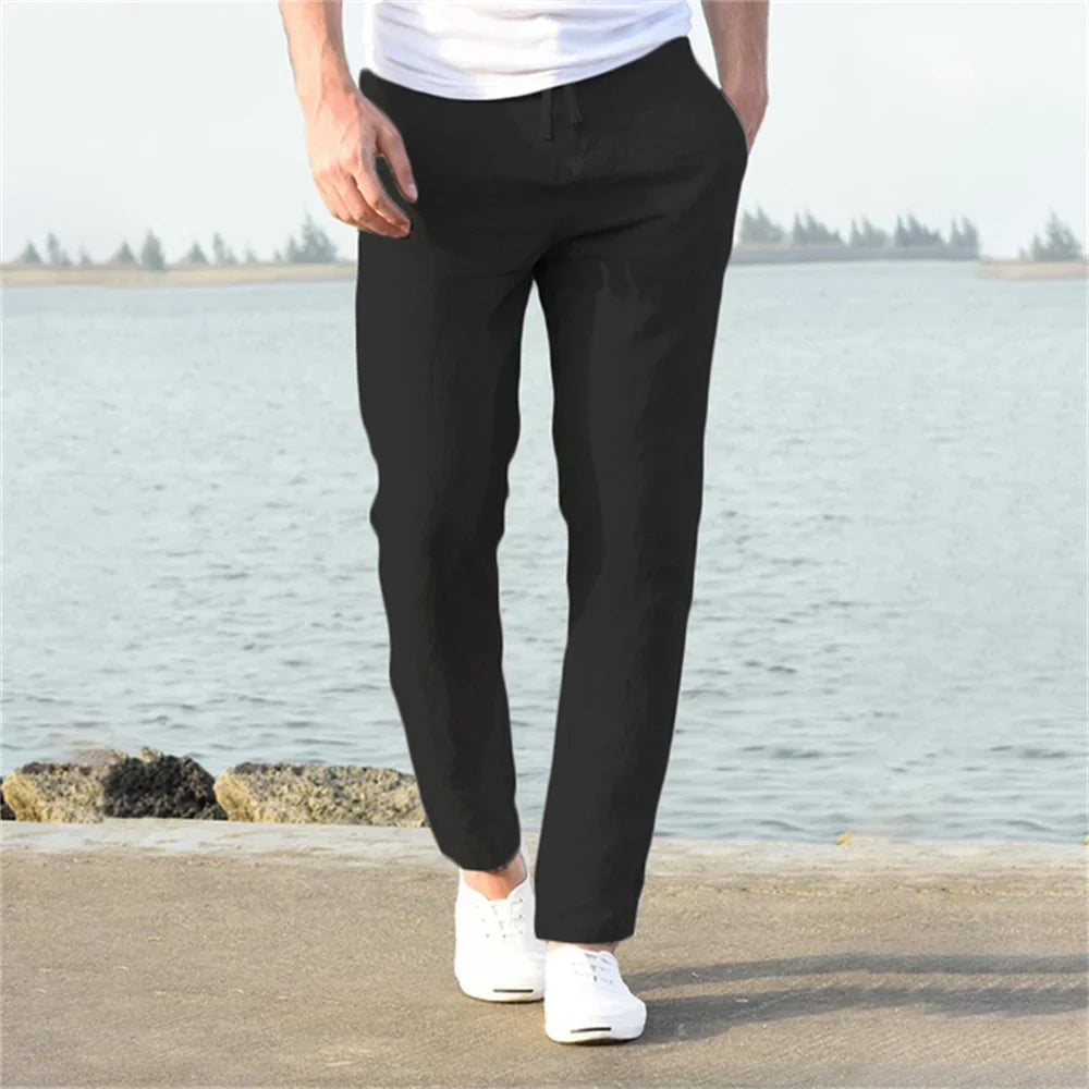 Pantalon droit aspect lin beige