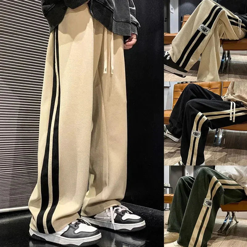 Pantalon large côtelé noir à bande latérale