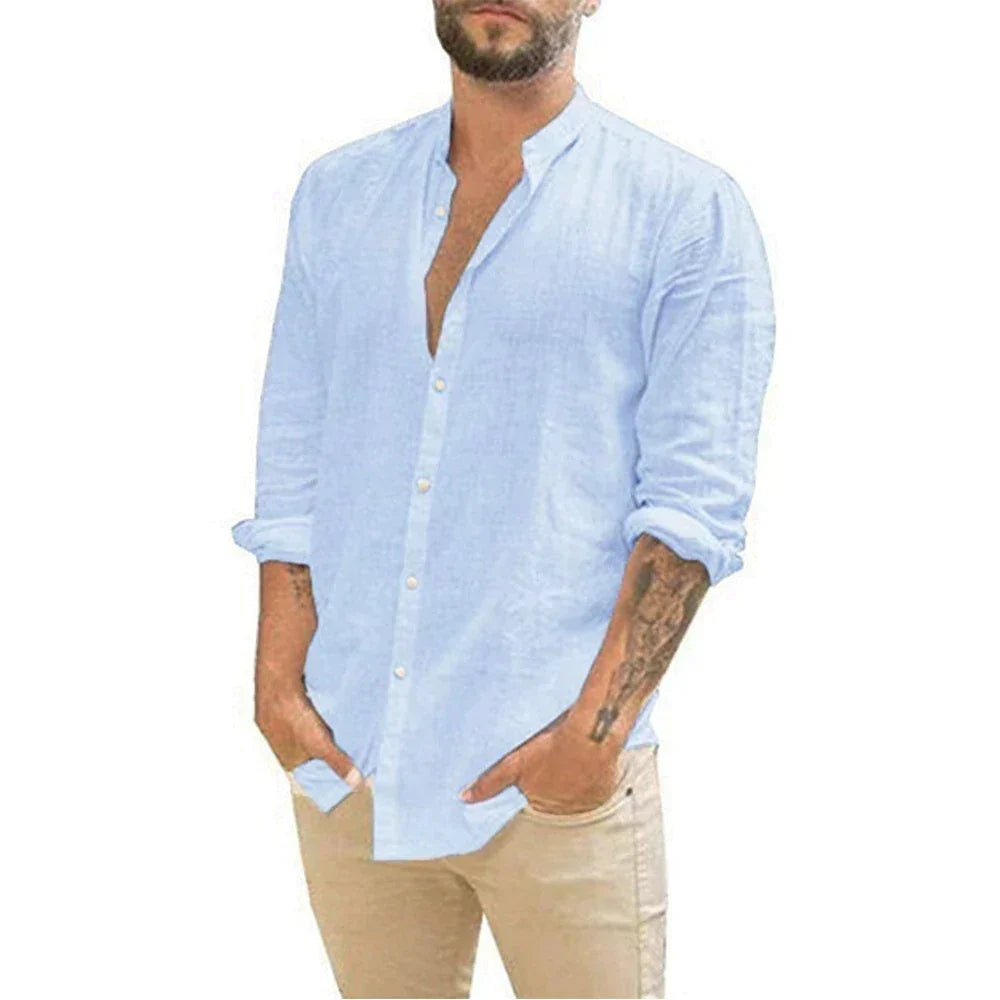 Chemise en lin col officier manches longues homme – Pierre-Charron