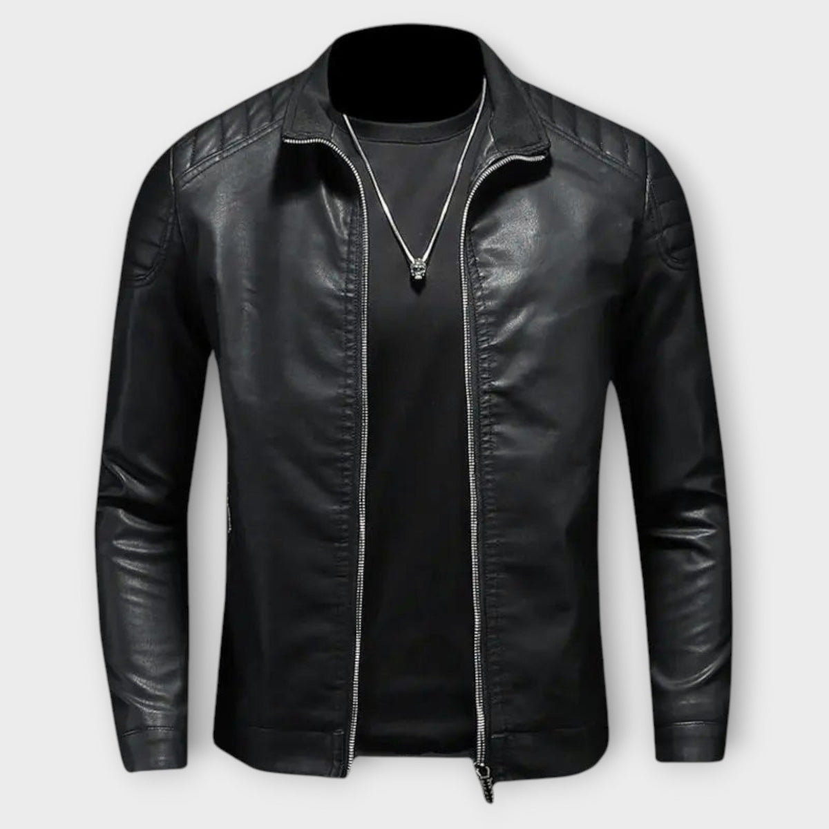 Veste effet cuir bleue col montant matelassé