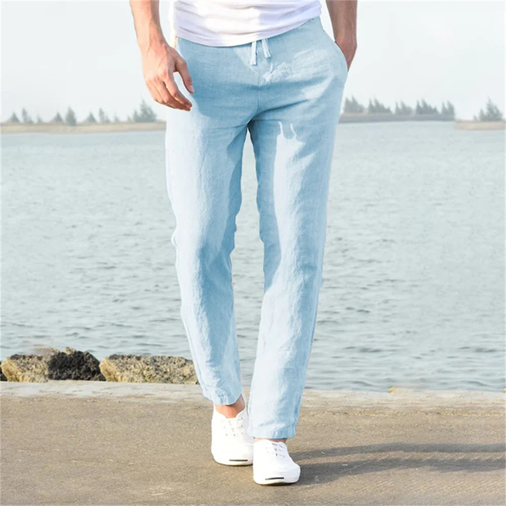 Pantalon droit aspect lin beige