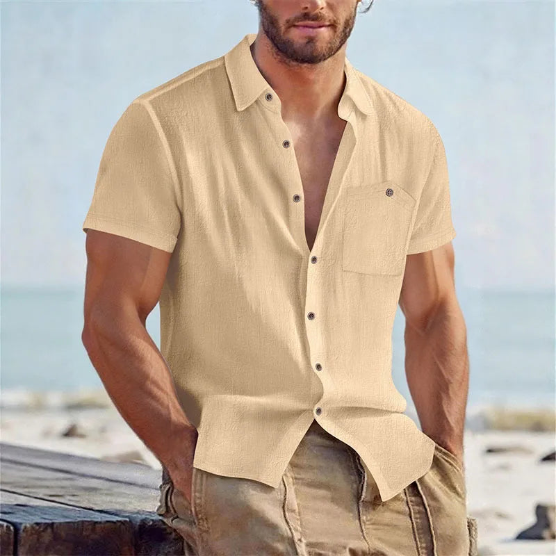 Chemise d’été col ouvert aspect lin