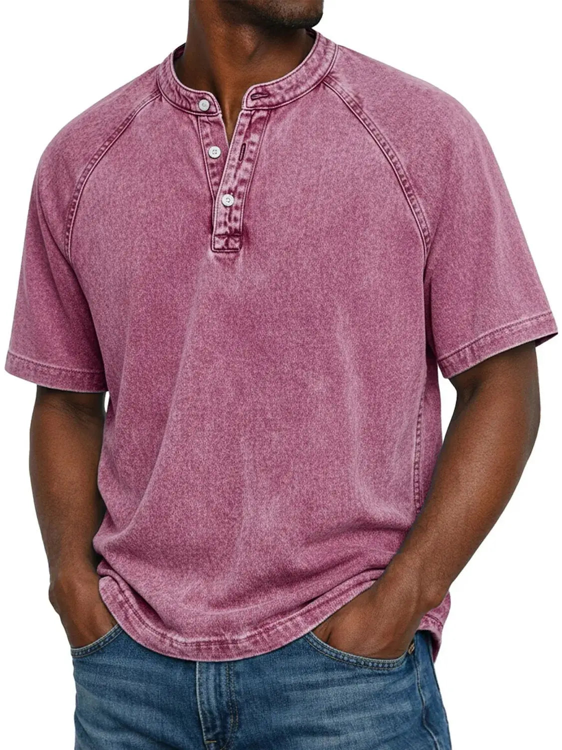T-shirt henley délavé à manches courtes au style intemporel homme – Rose