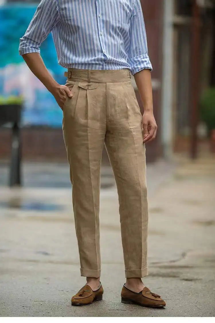 Pantalon en lin taille haute coupe tailleur élégant décontracté homme – Bazas