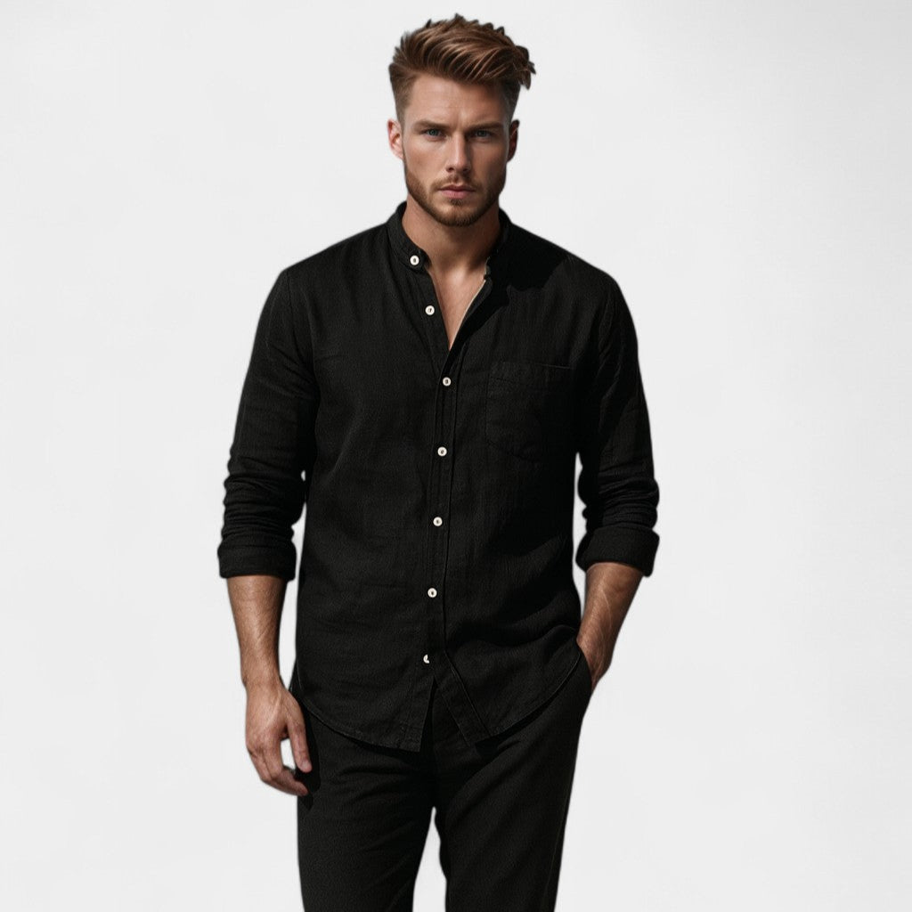 Chemise à col montant style utilitaire coupe droite manches longues homme – Noir