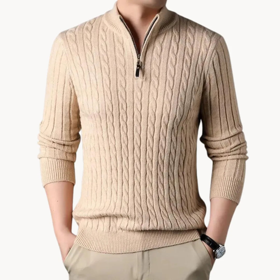 Pull torsadé col montant demi-zip en maille soignée coupe classique homme – Excideuil