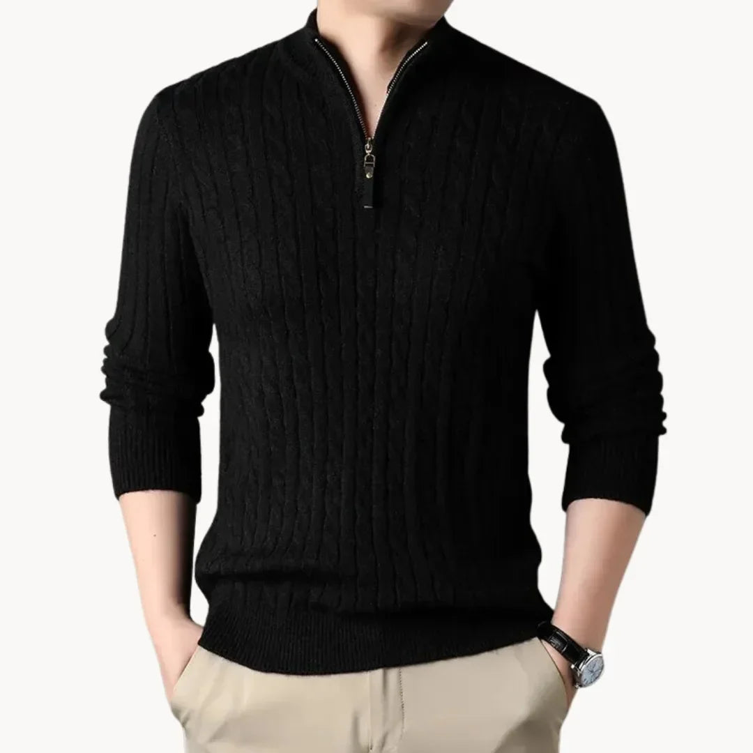 Pull torsadé col montant demi-zip en maille soignée coupe classique homme – Excideuil