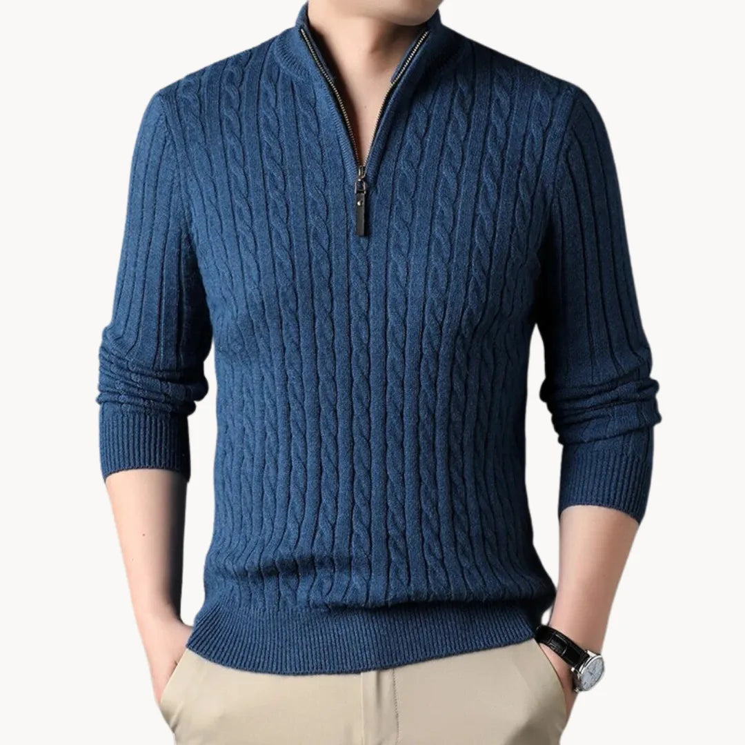 Pull torsadé col montant demi-zip en maille soignée coupe classique homme – Excideuil