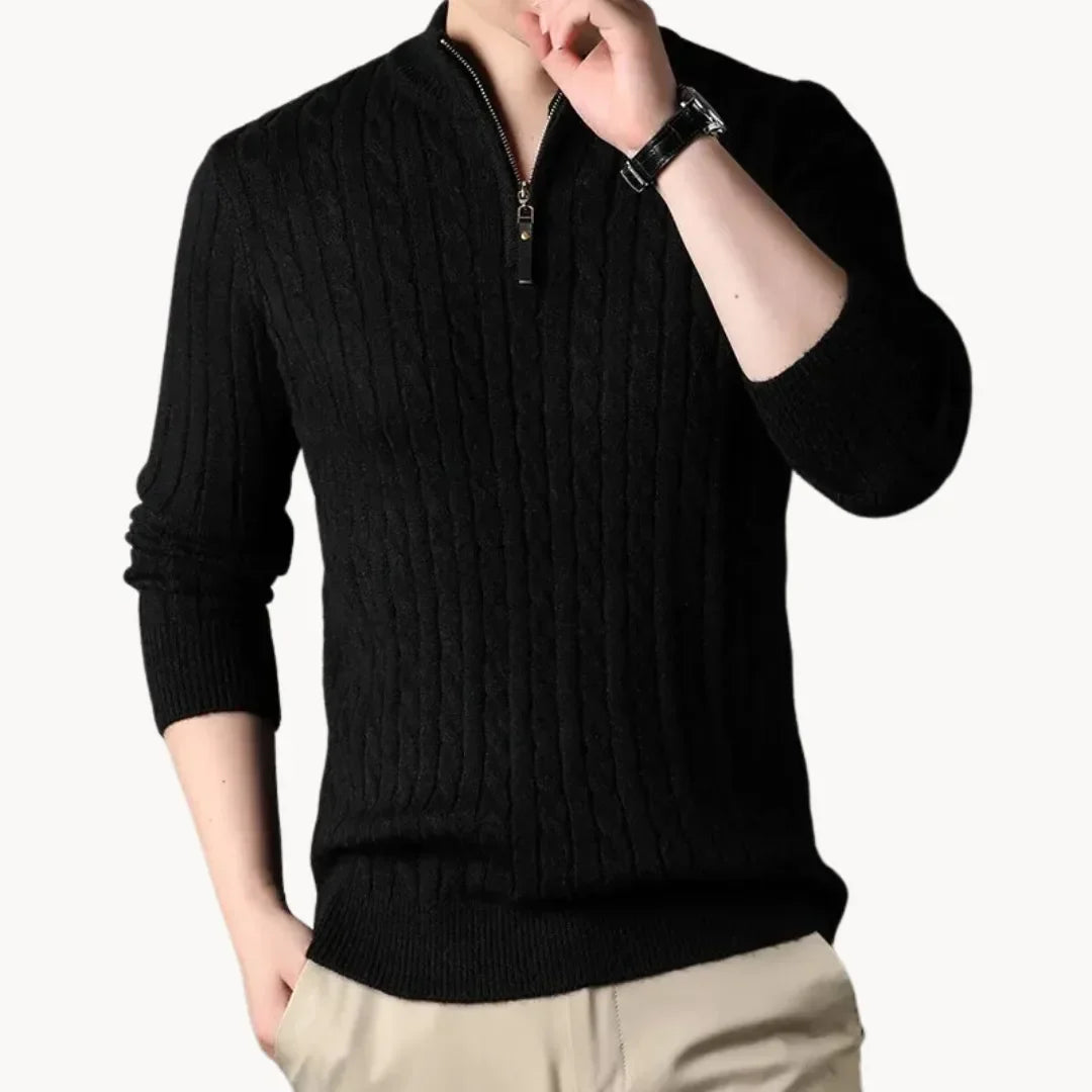 Pull torsadé col montant demi-zip en maille soignée coupe classique homme – Excideuil