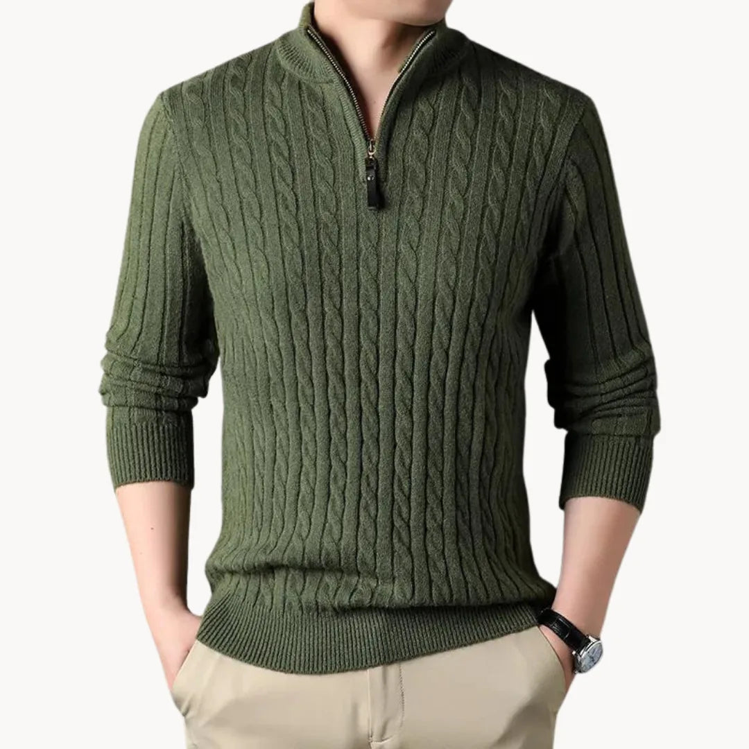 Pull torsadé col montant demi-zip en maille soignée coupe classique homme – Excideuil