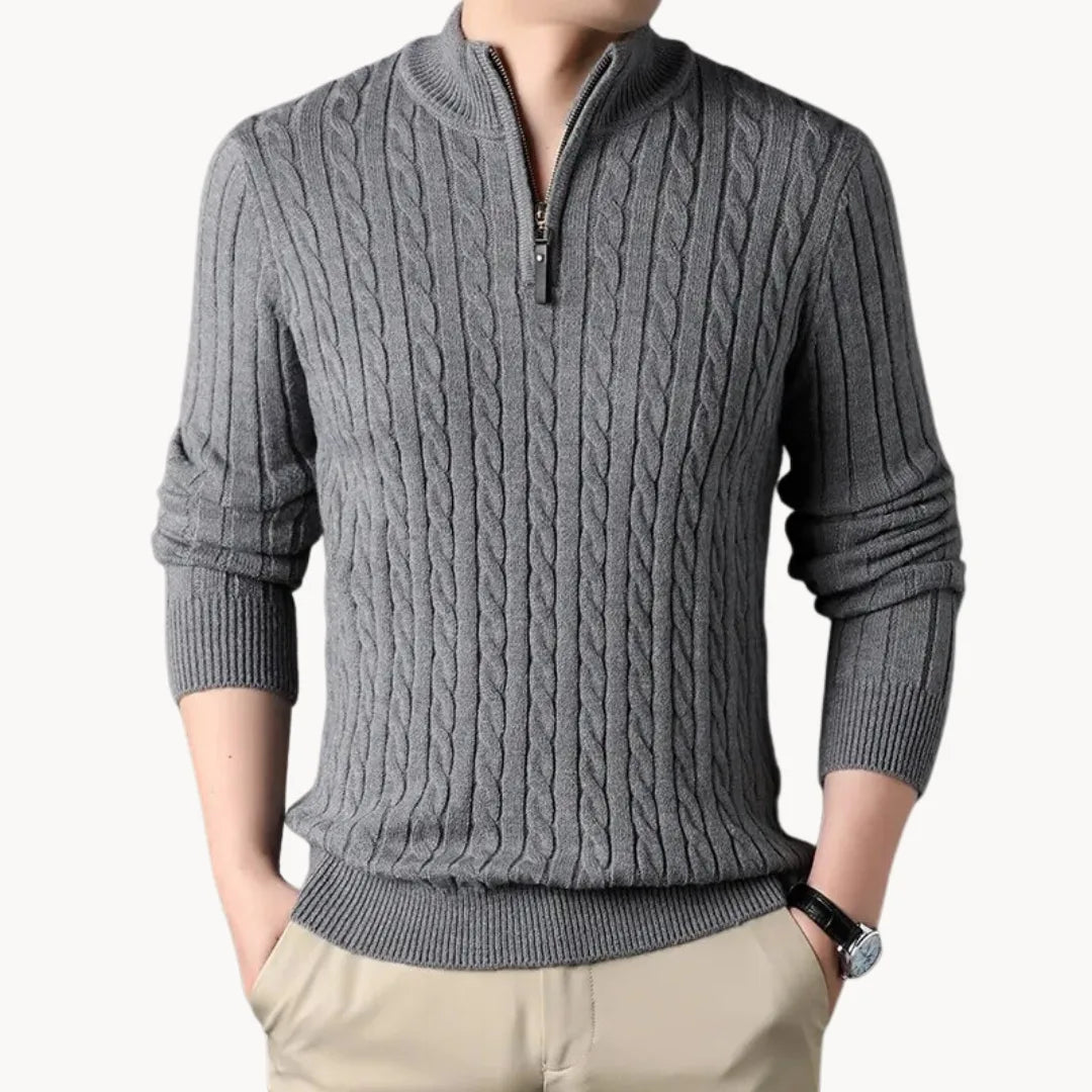 Pull torsadé col montant demi-zip en maille soignée coupe classique homme – Excideuil