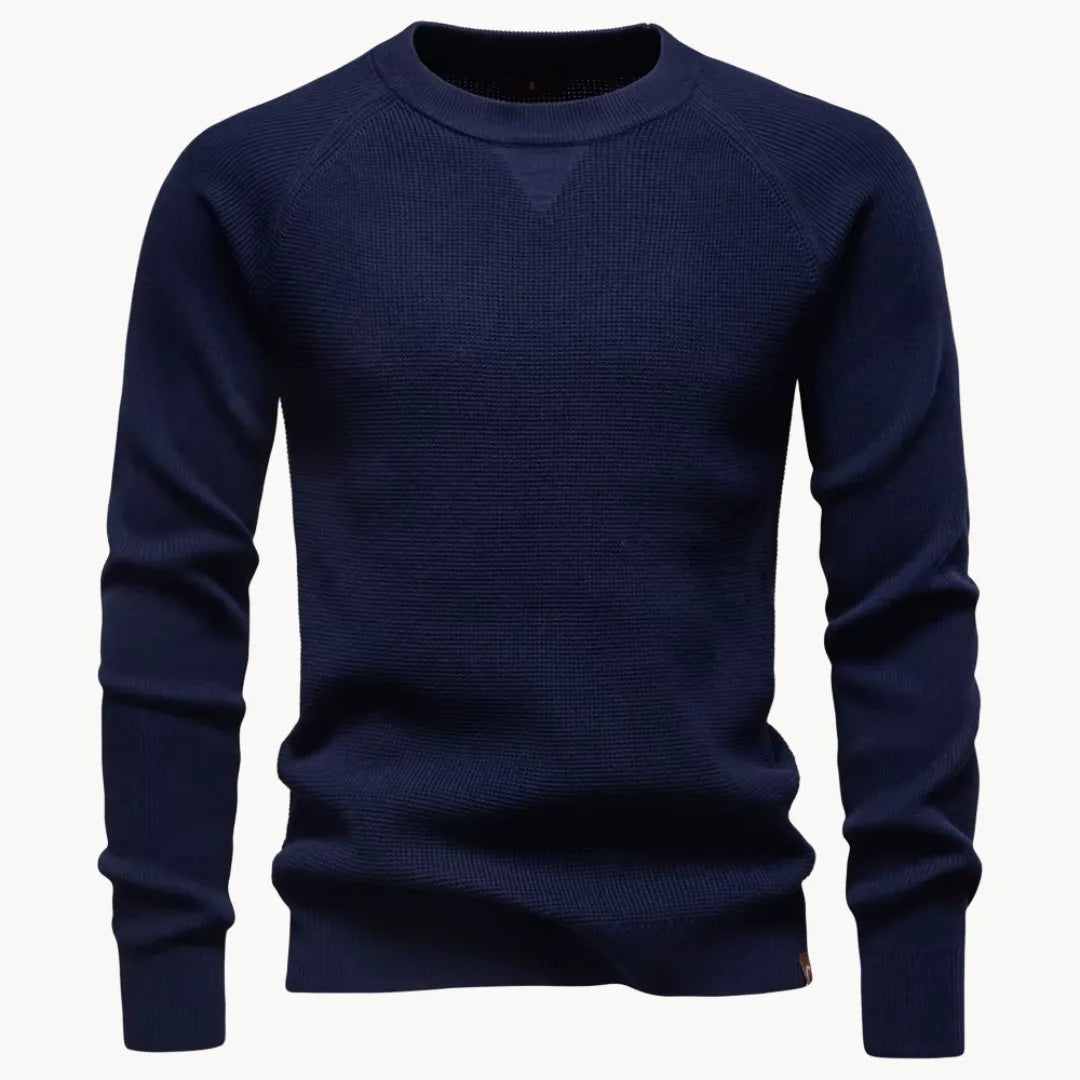 Pull col rond en maille côtelée manches raglan élégant homme – Bleu marine