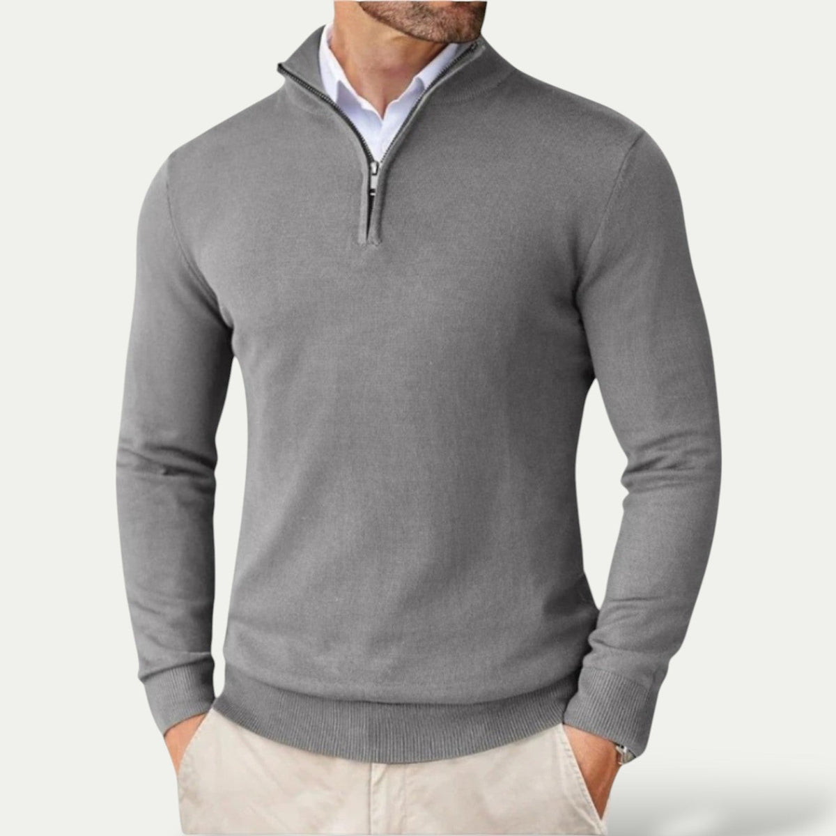 Pull en cachemire demi-zip col montant coupe slim homme – Gris