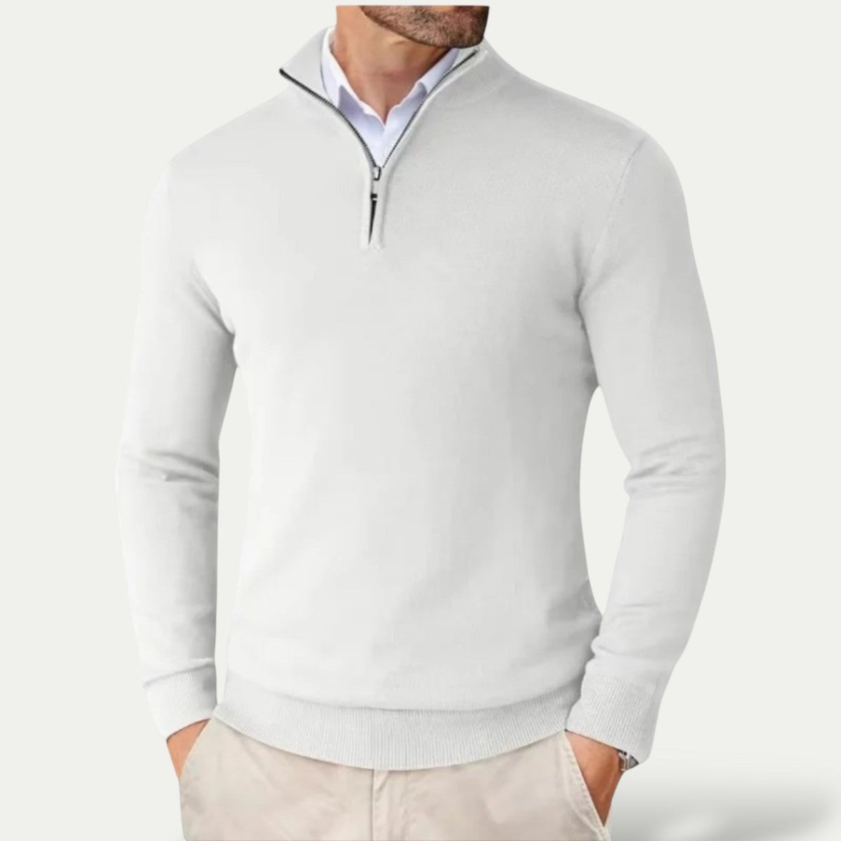 Pull en cachemire demi-zip col montant coupe slim homme – Blanc