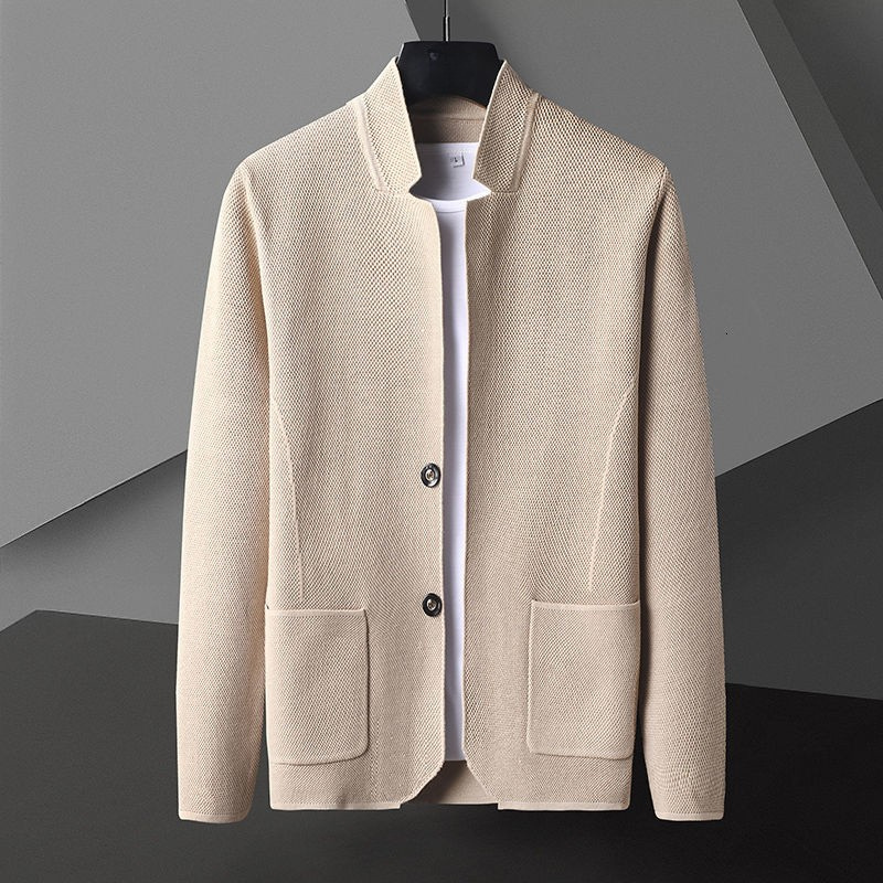 Gilet col montant en maille texturée beige homme, vue de face