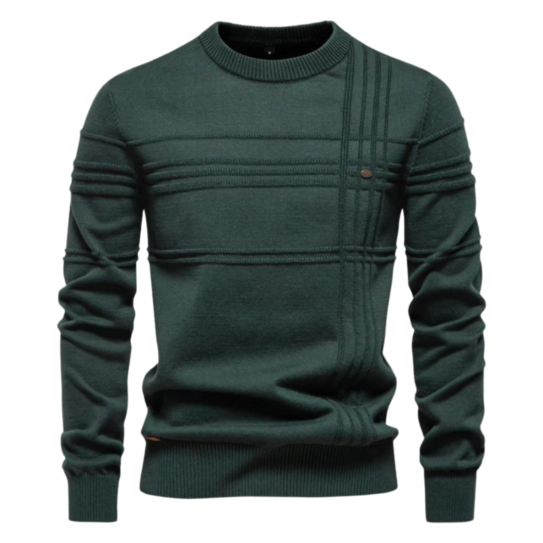 Pull col rond homme à carreaux en relief, coloris vert, vue de face – Beaubourg