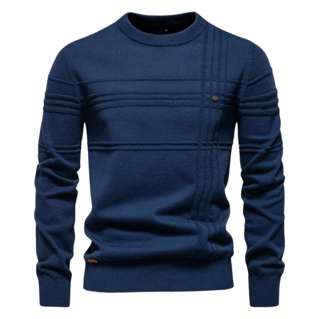 Pull col rond homme à carreaux en relief, coloris bleu marine, vue de face – Beaubourg