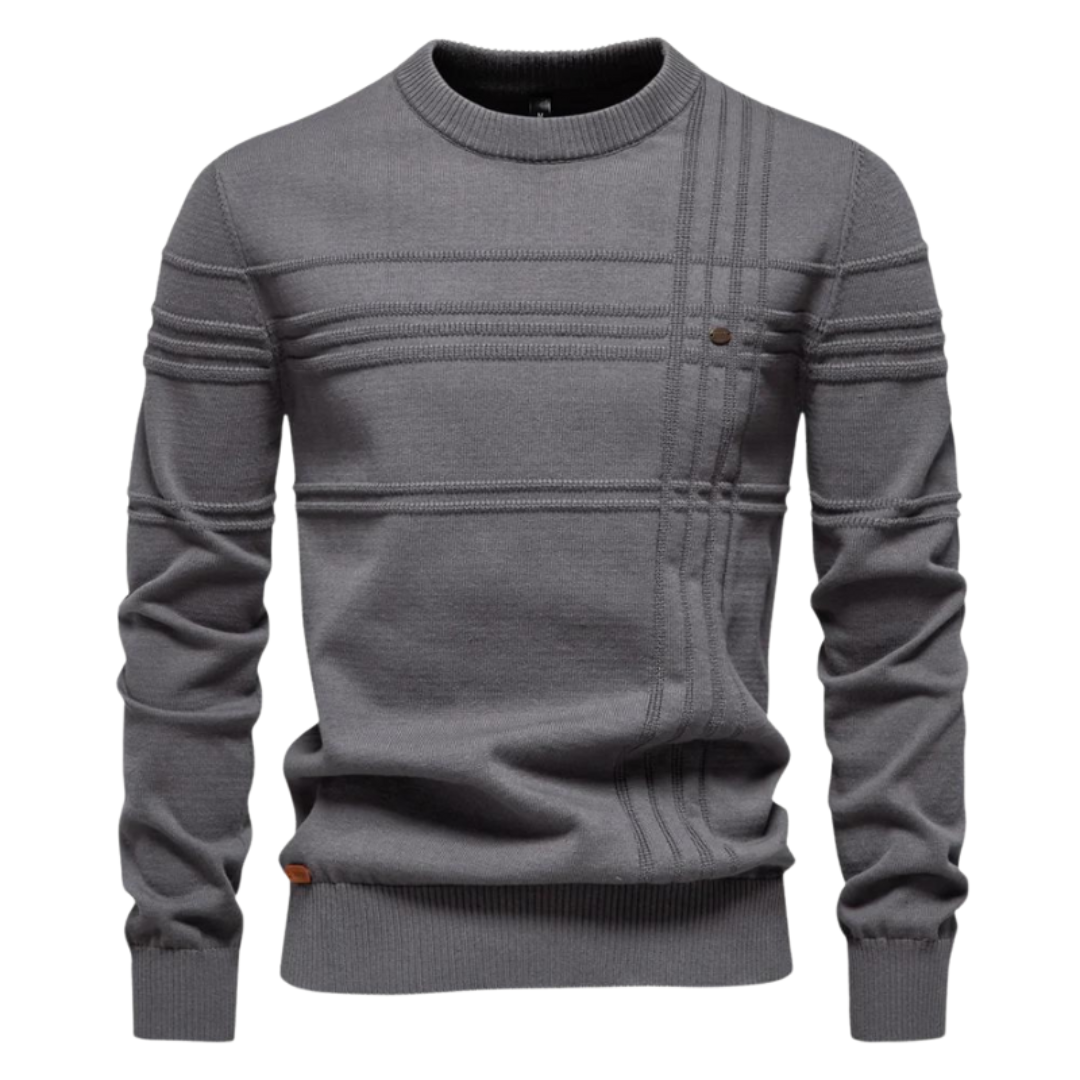 Pull col rond homme à carreaux en relief, coloris gris, vue de face – Beaubourg