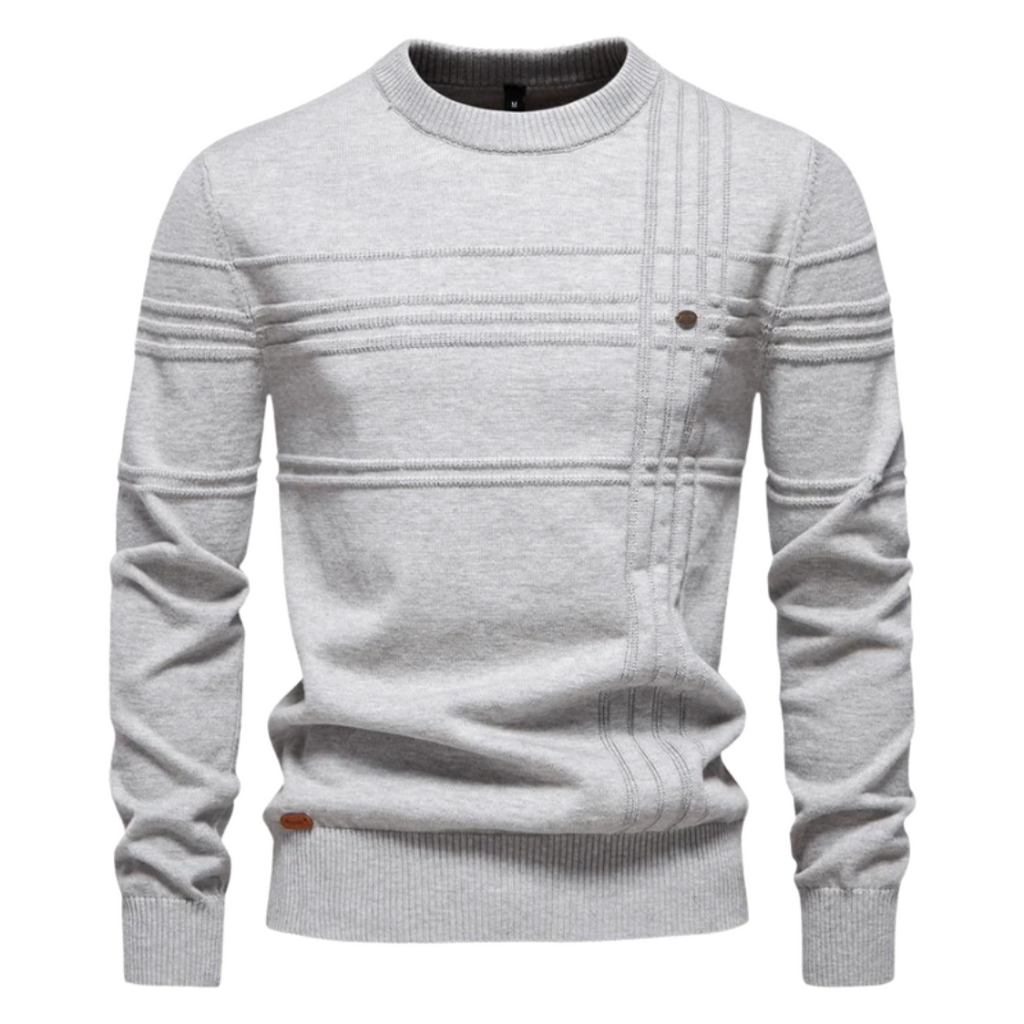 Pull col rond homme à carreaux en relief, coloris gris clair, vue de face – Beaubourg