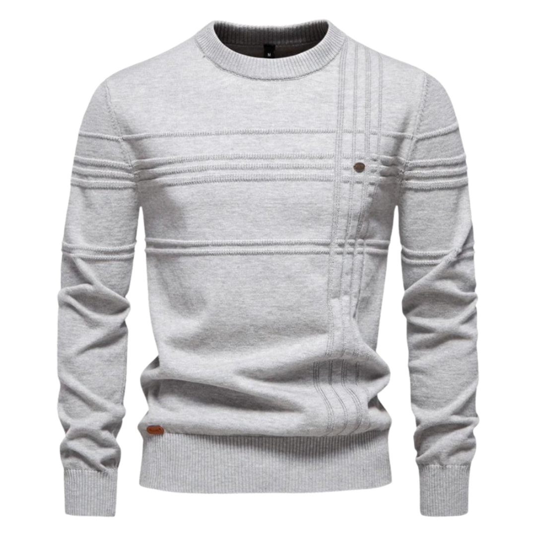 Pull col rond homme à carreaux en relief, coloris gris clair, vue de face – Beaubourg