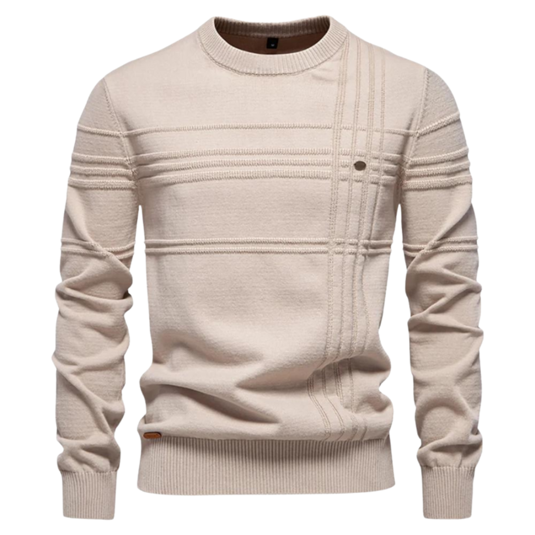 Pull col rond homme à carreaux en relief, coloris beige, vue de face – Beaubourg