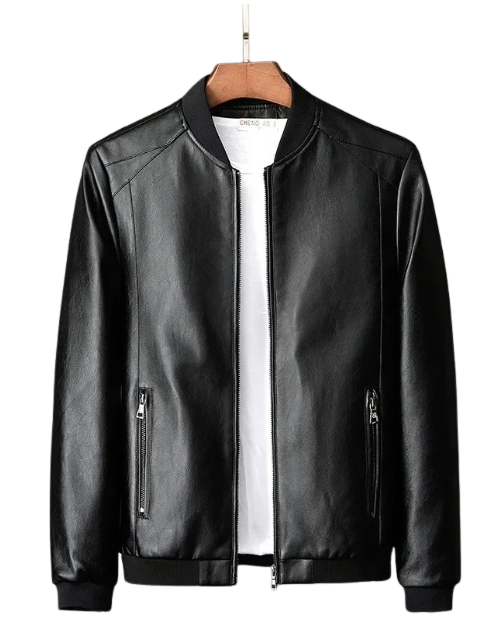Blouson effet cuir noir à col côtelé