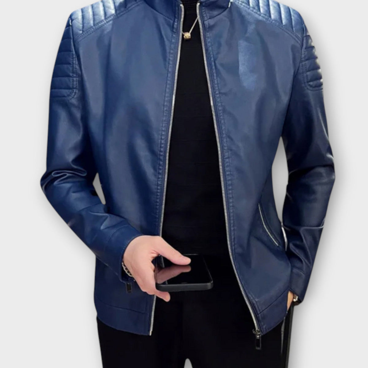 Veste effet cuir bleue col montant matelassé