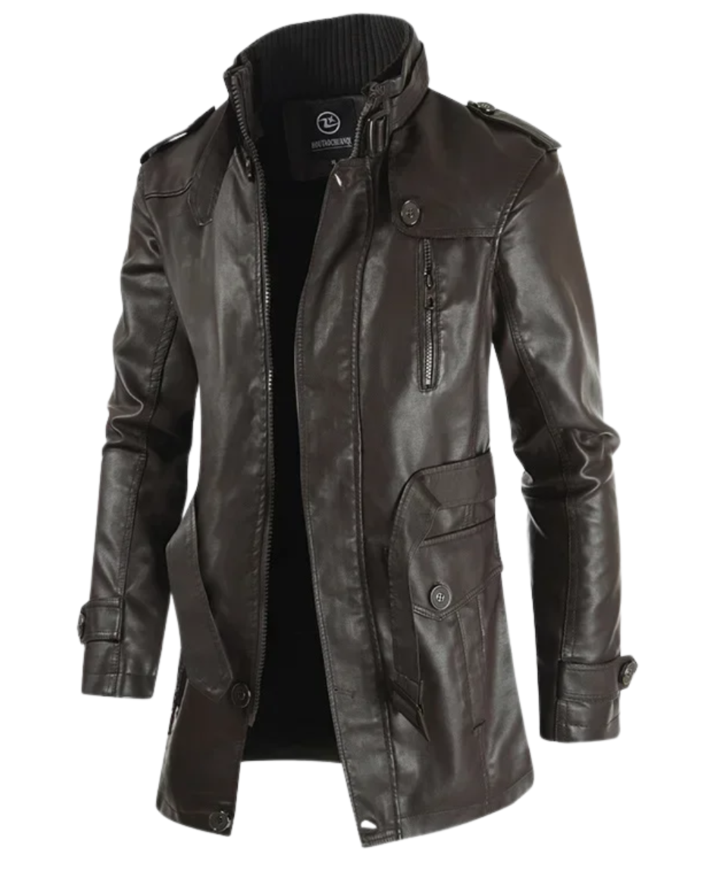 Veste longue effet cuir col montant