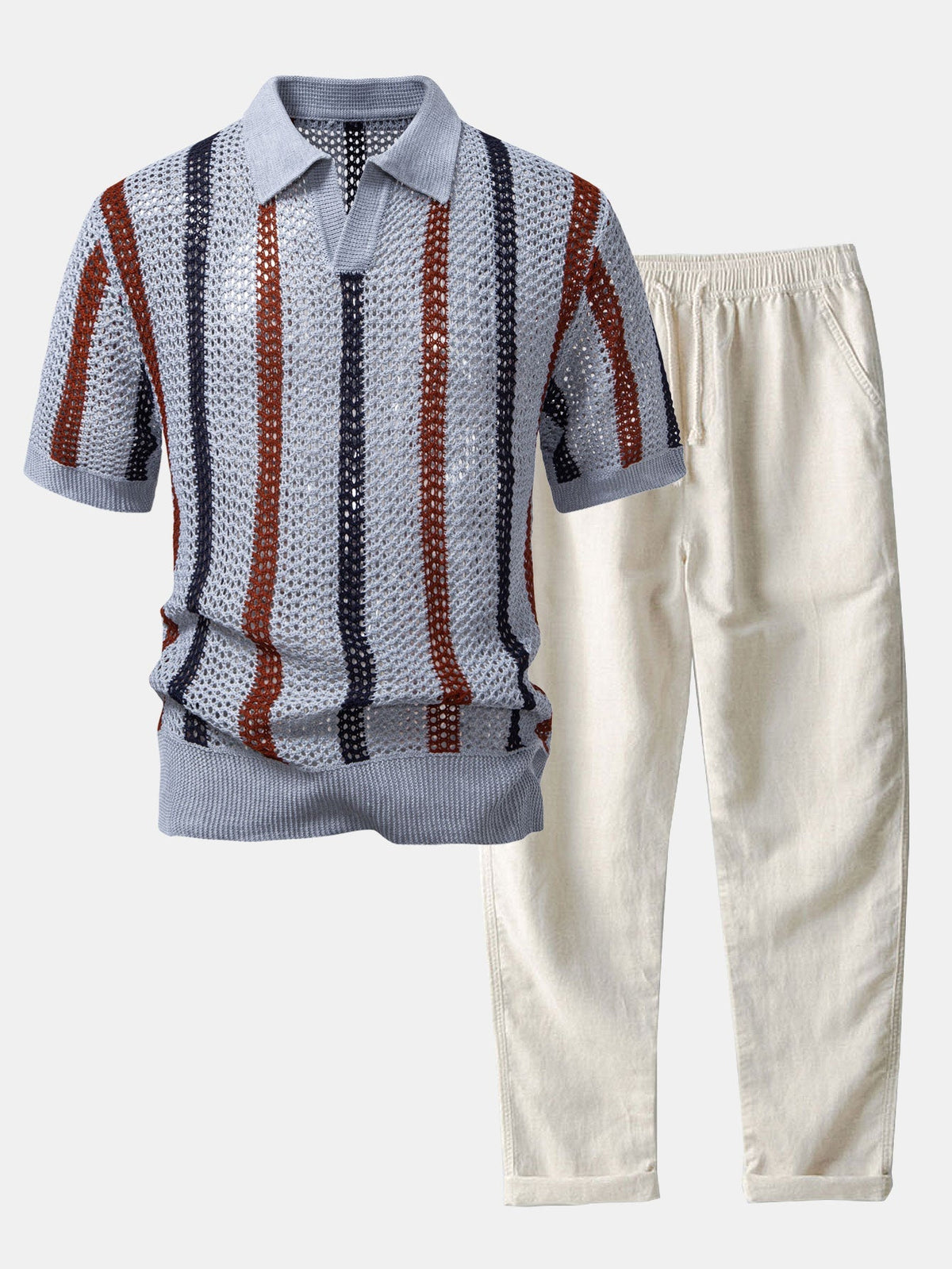 Ensemble polo maille ajourée rayé et pantalon en lin homme – Nuits