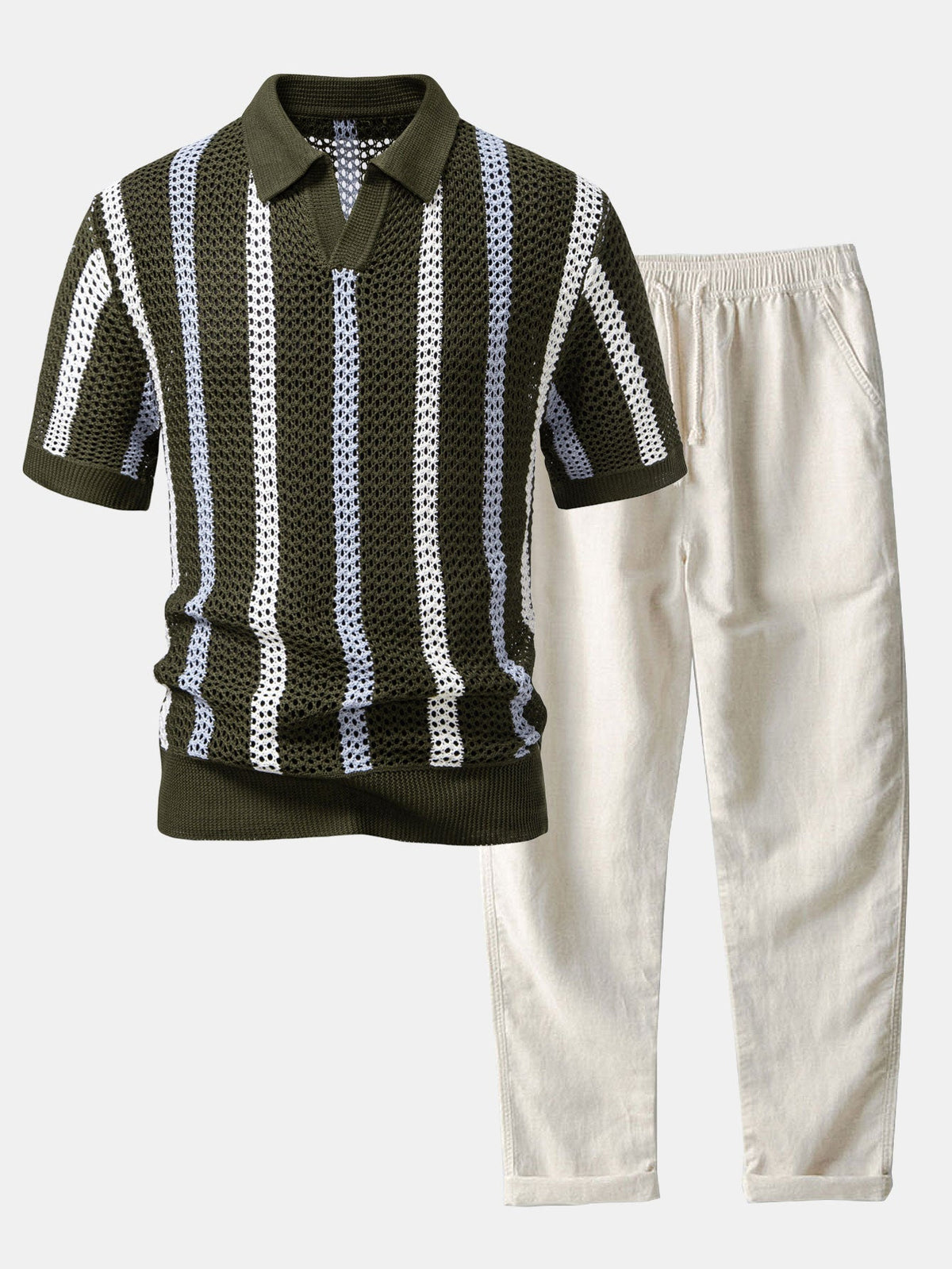 Ensemble polo maille ajourée rayé et pantalon en lin homme – Nuits