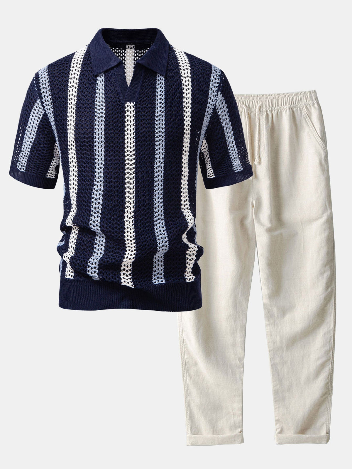 Ensemble polo maille ajourée rayé et pantalon en lin homme – Nuits
